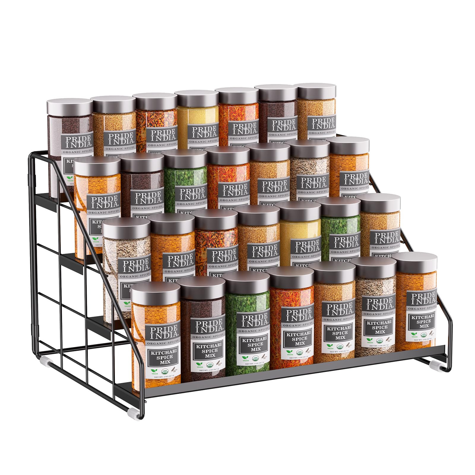 GIGIFTREE 4-tier spice rack display keeps bottles organized and easy to reach.