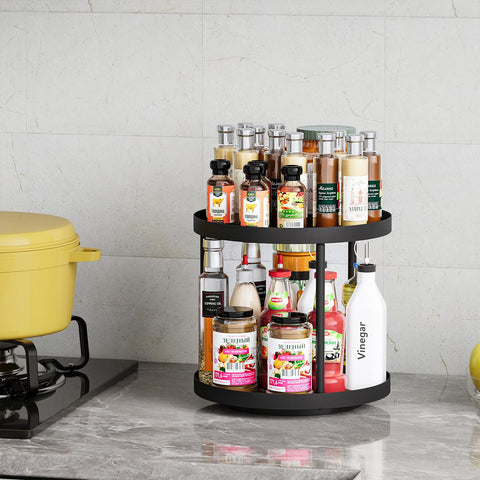 Spices organized on Giikin lazy susan with clear side view