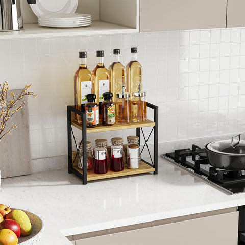 Closeup of Giikin bamboo spice rack showing smooth shelves and sturdy brackets.