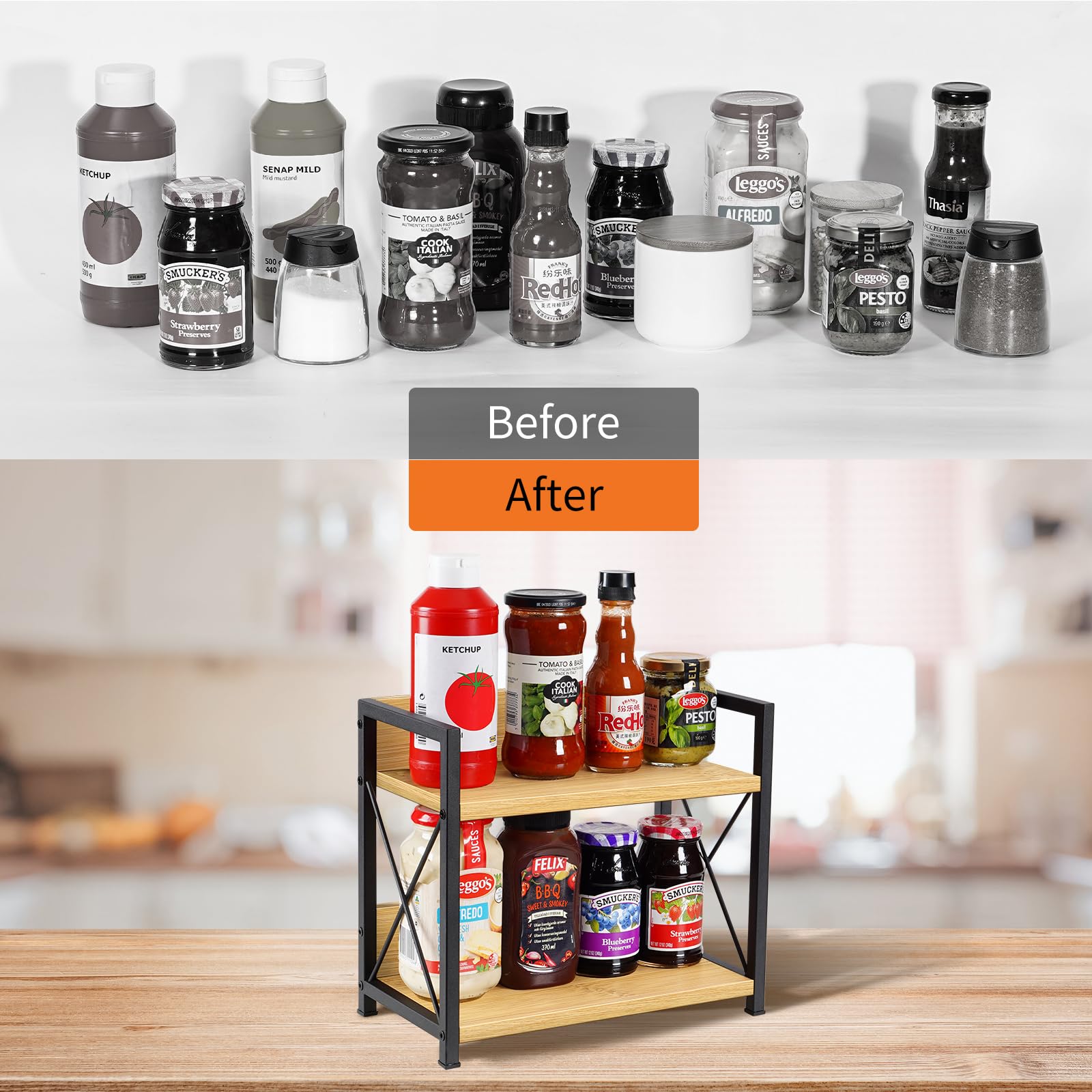Giikin countertop organizer in use, neatly organizing spices and bottles.