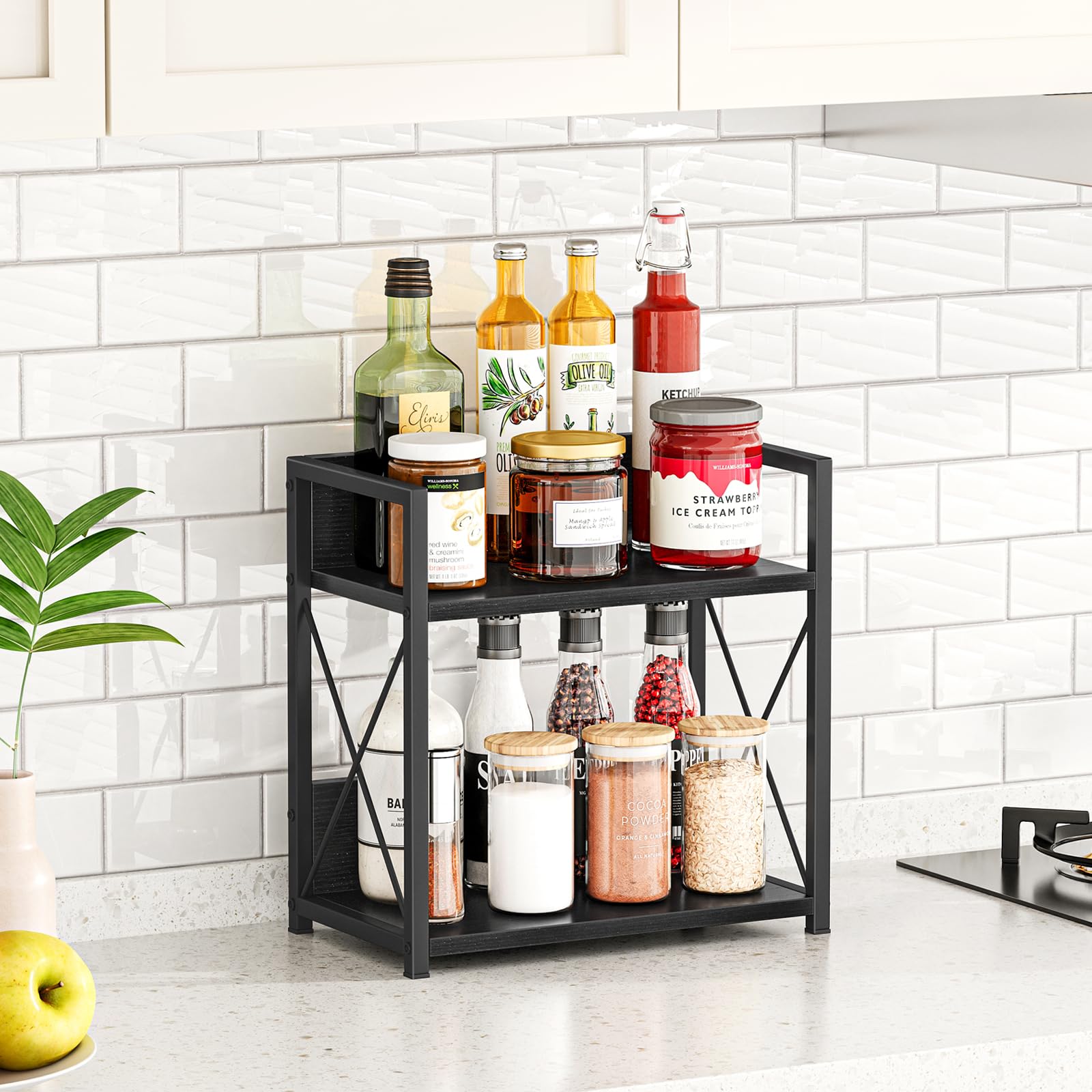Giikin countertop organizer kitchen use with jars and bottles kept orderly.