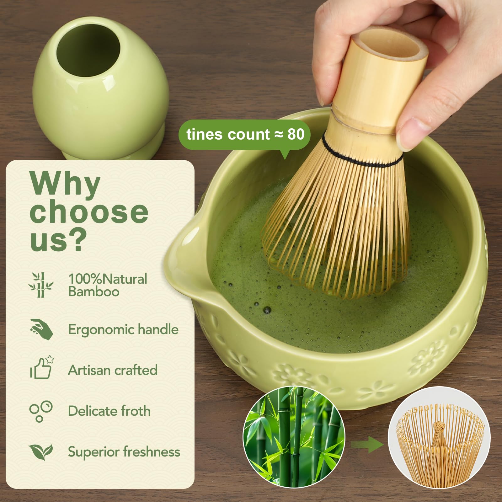 Giiouni bamboo tea spoon complements the set for accurate dosing.