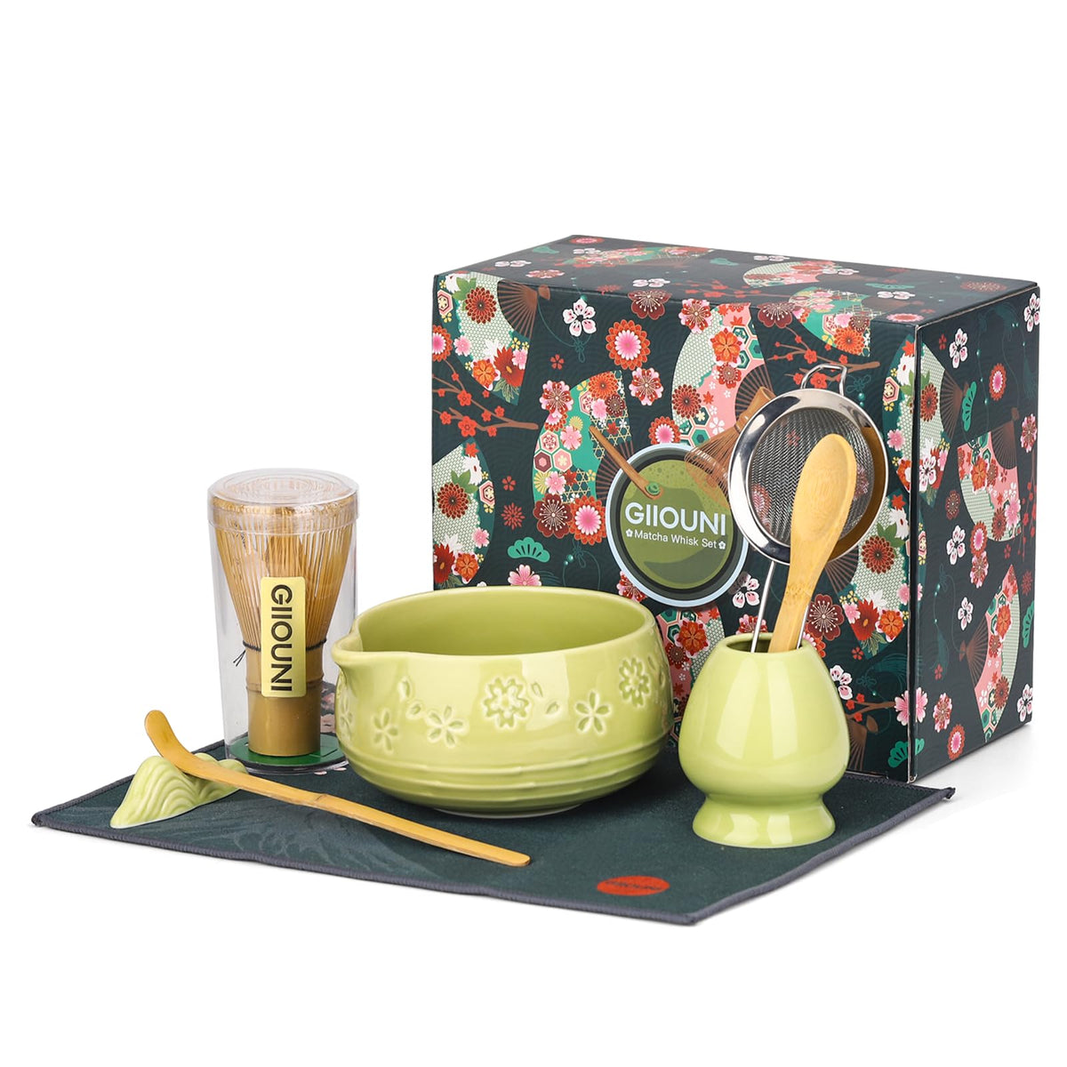 Giiouni matcha whisk set with ceramic bowl and spout for easy, immersive at-home matcha.