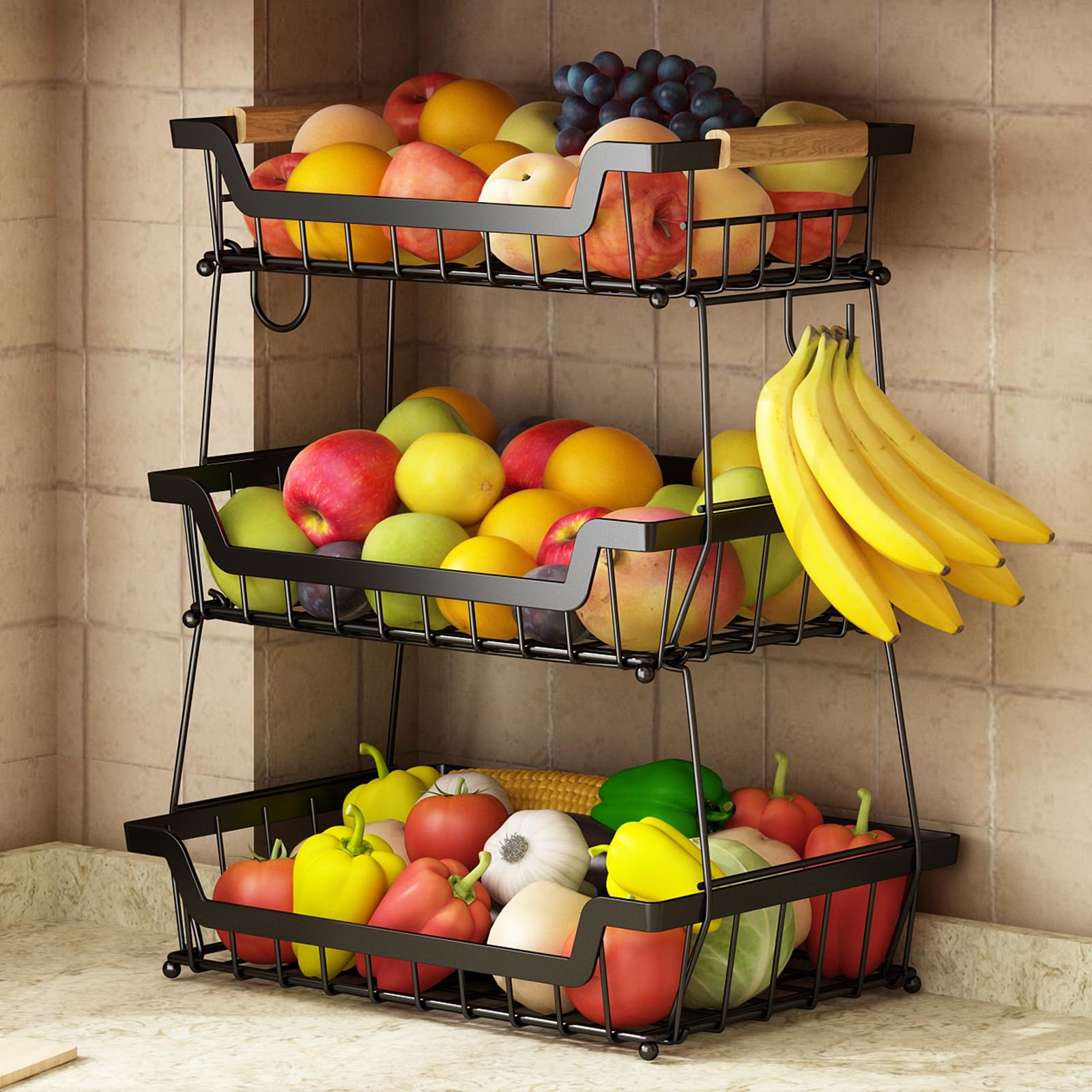 GILLAS 3-tier basket side view showing compact counter storage for fruits