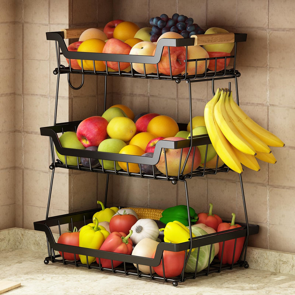 GILLAS 3-tier basket side view showing compact counter storage for fruits