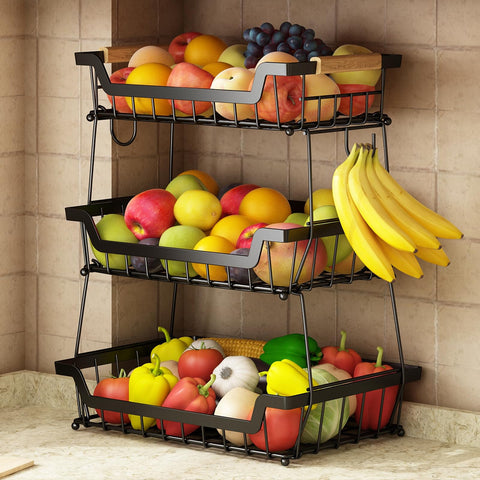 GILLAS 3-tier basket side view showing compact counter storage for fruits