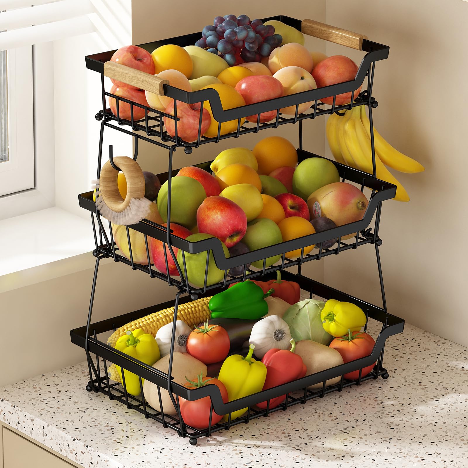 GILLAS 3-tier basket top view revealing multi-tier organization for produce and bread