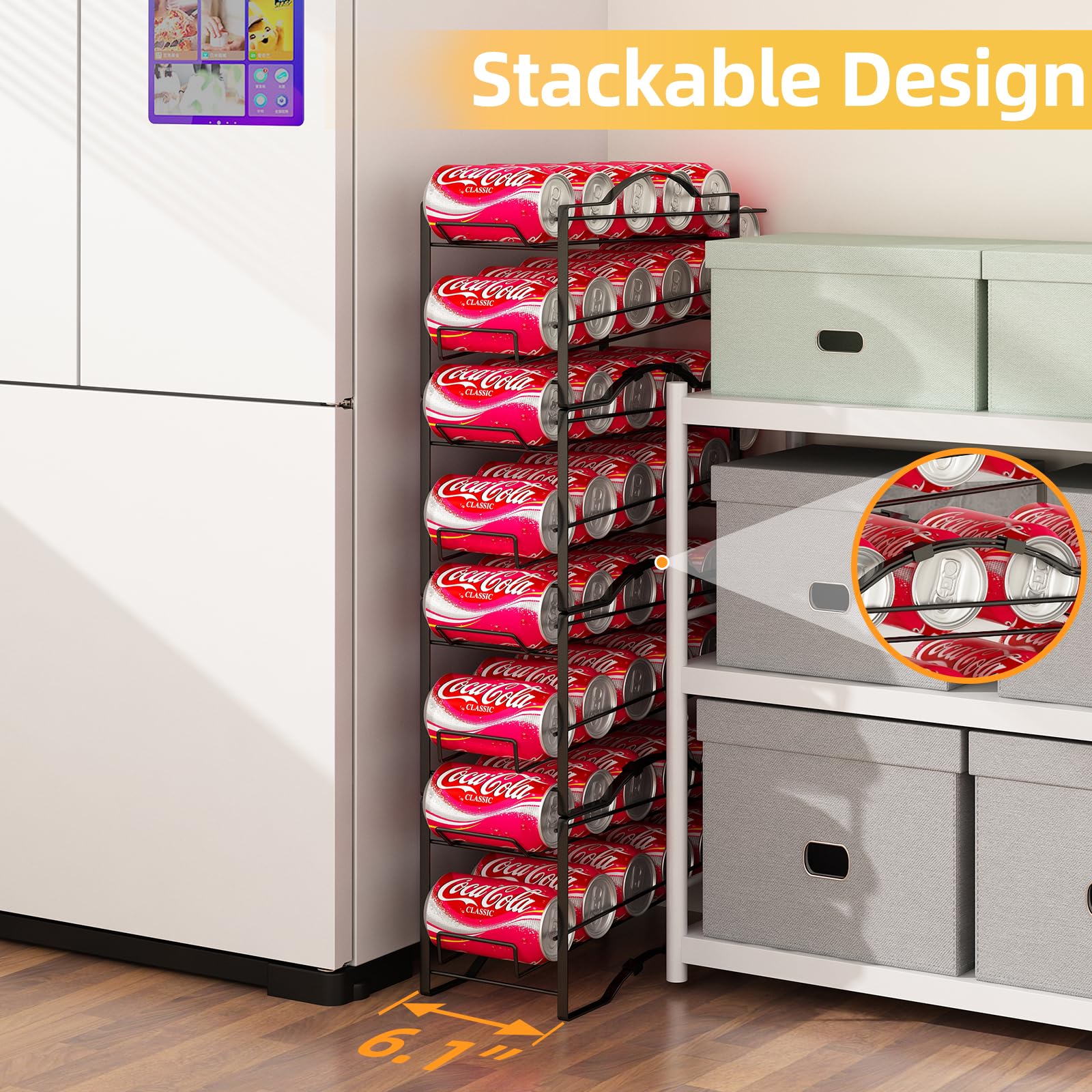 GILLAS multipurpose can rack fits fridge, cabinet, or pantry to reduce clutter.