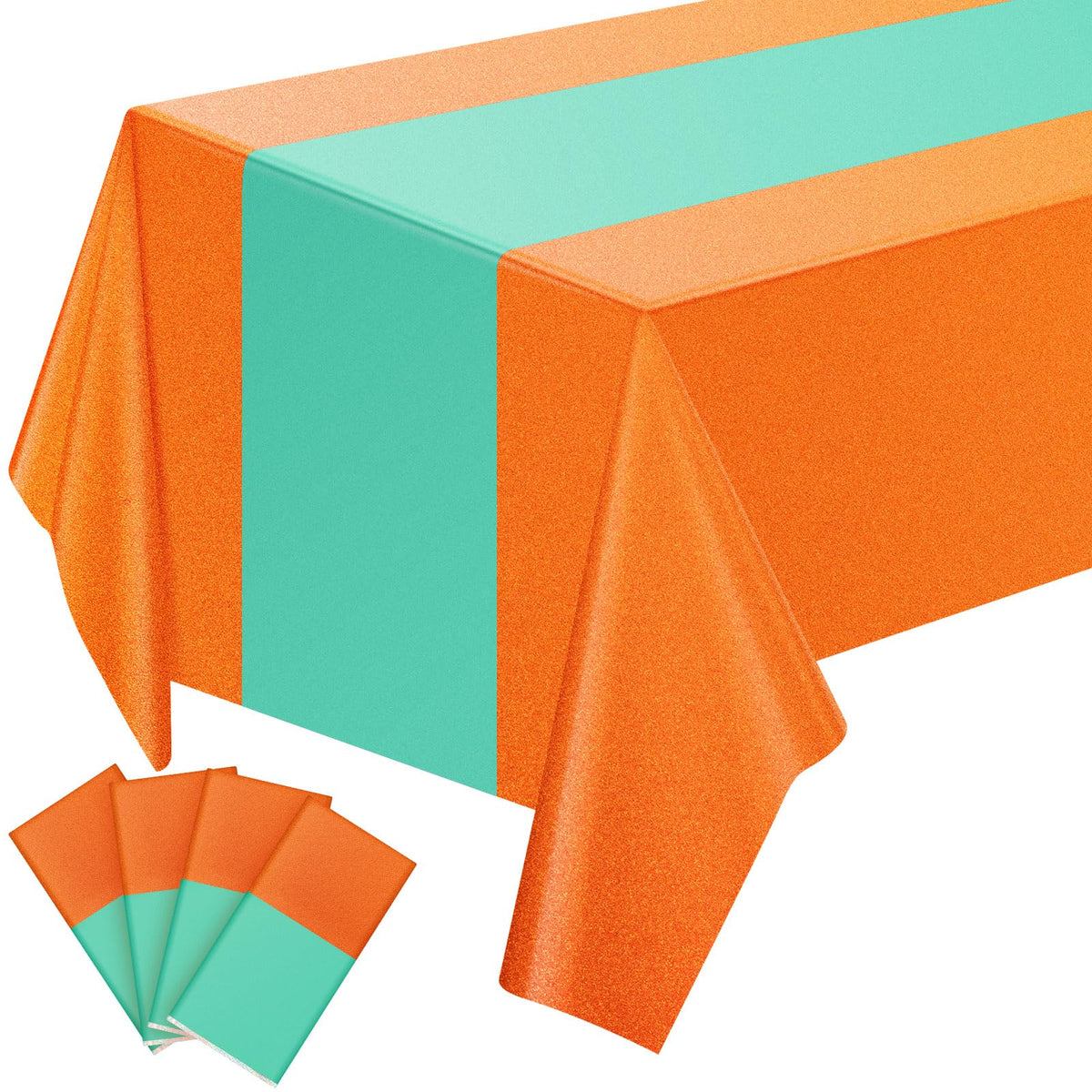 Gilprop birthday tablecloth with orange laser glitter adds festive sparkle for celebrations.