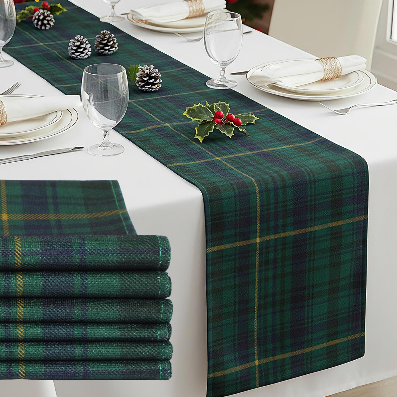 Gilprop blue-green tartan table runner for Christmas dining, elevates holiday ambiance