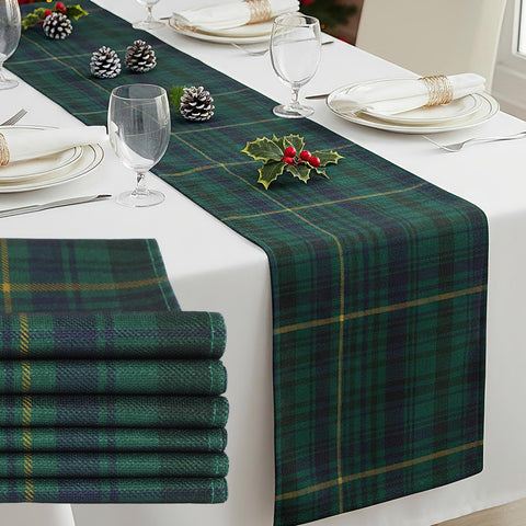 Gilprop blue-green tartan table runner for Christmas dining, elevates holiday ambiance