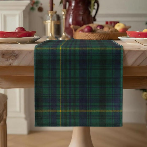 Gilprop dining room table runner in blue-green plaid elevating ambiance