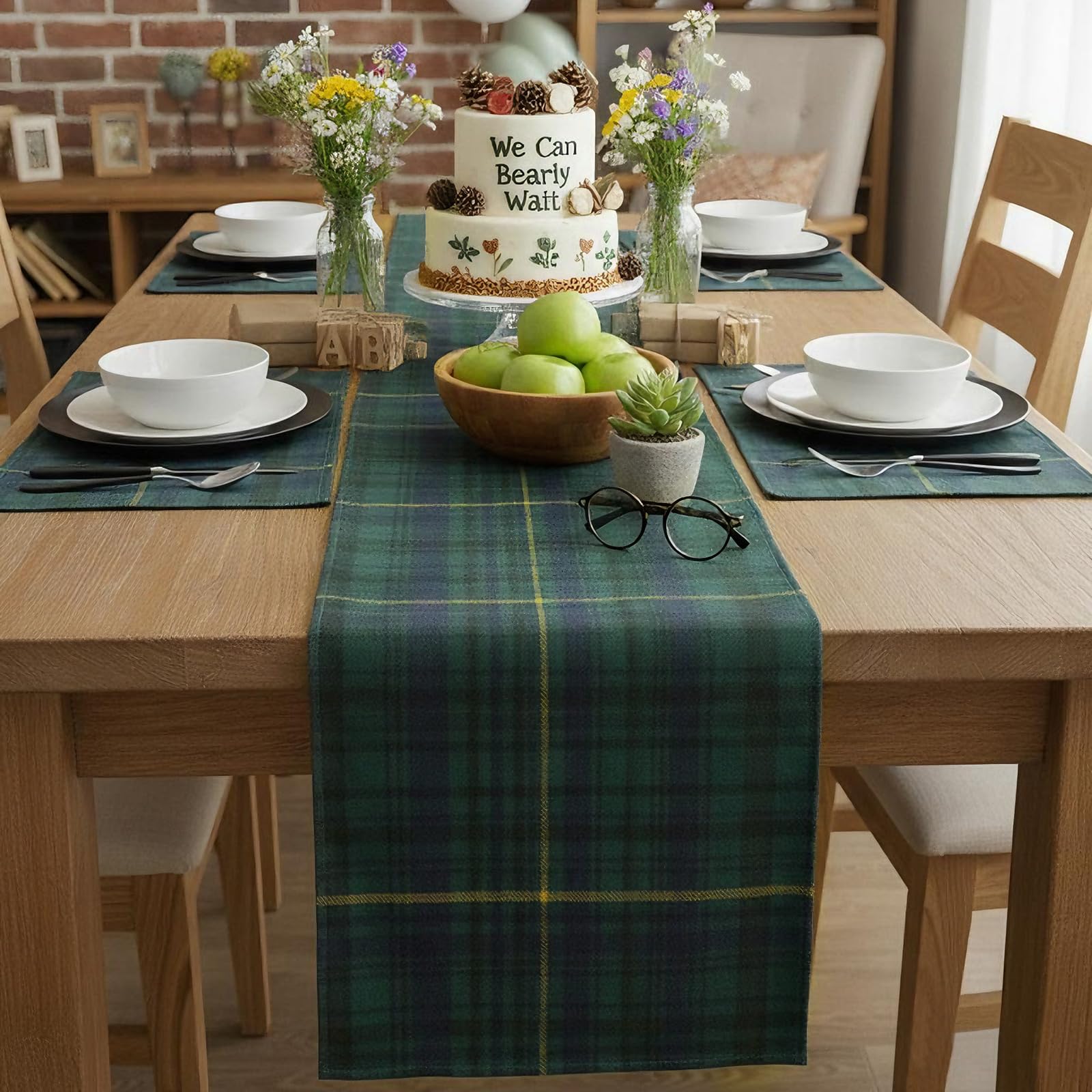 Gilprop linen table runner in blue plaid for elegant dining