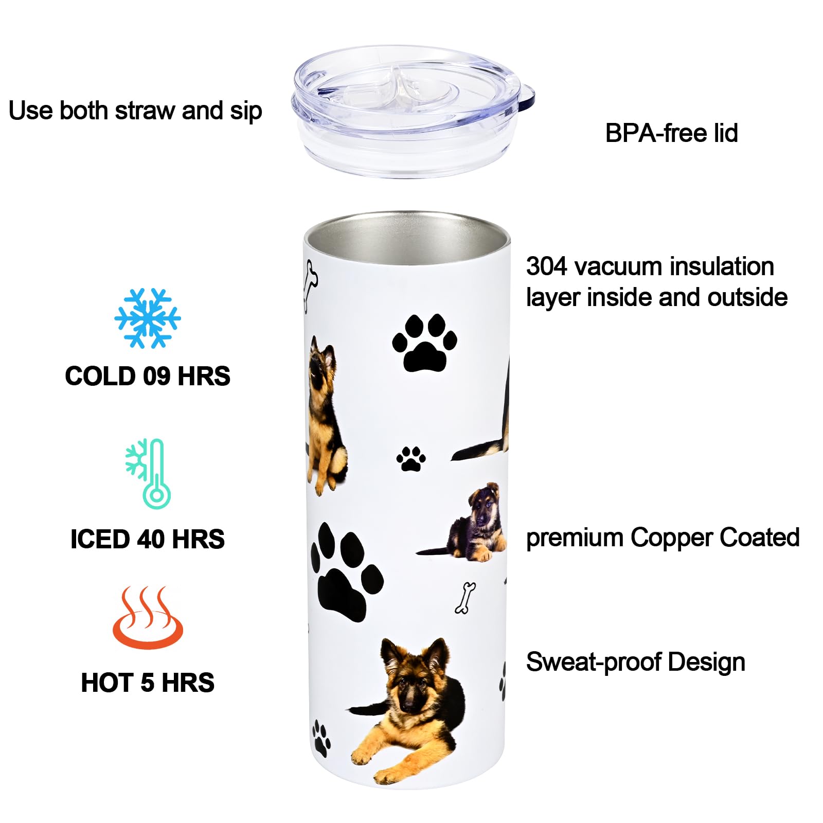 GINGPROUS German Shepherd pattern on tumbler, ideal for dog lovers.