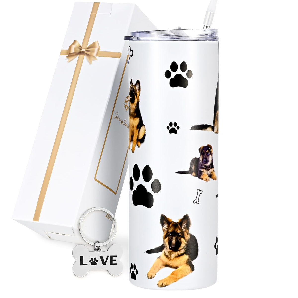 GINGPROUS German Shepherd tumbler with straw close-up, BPA-free lid for safe daily use.