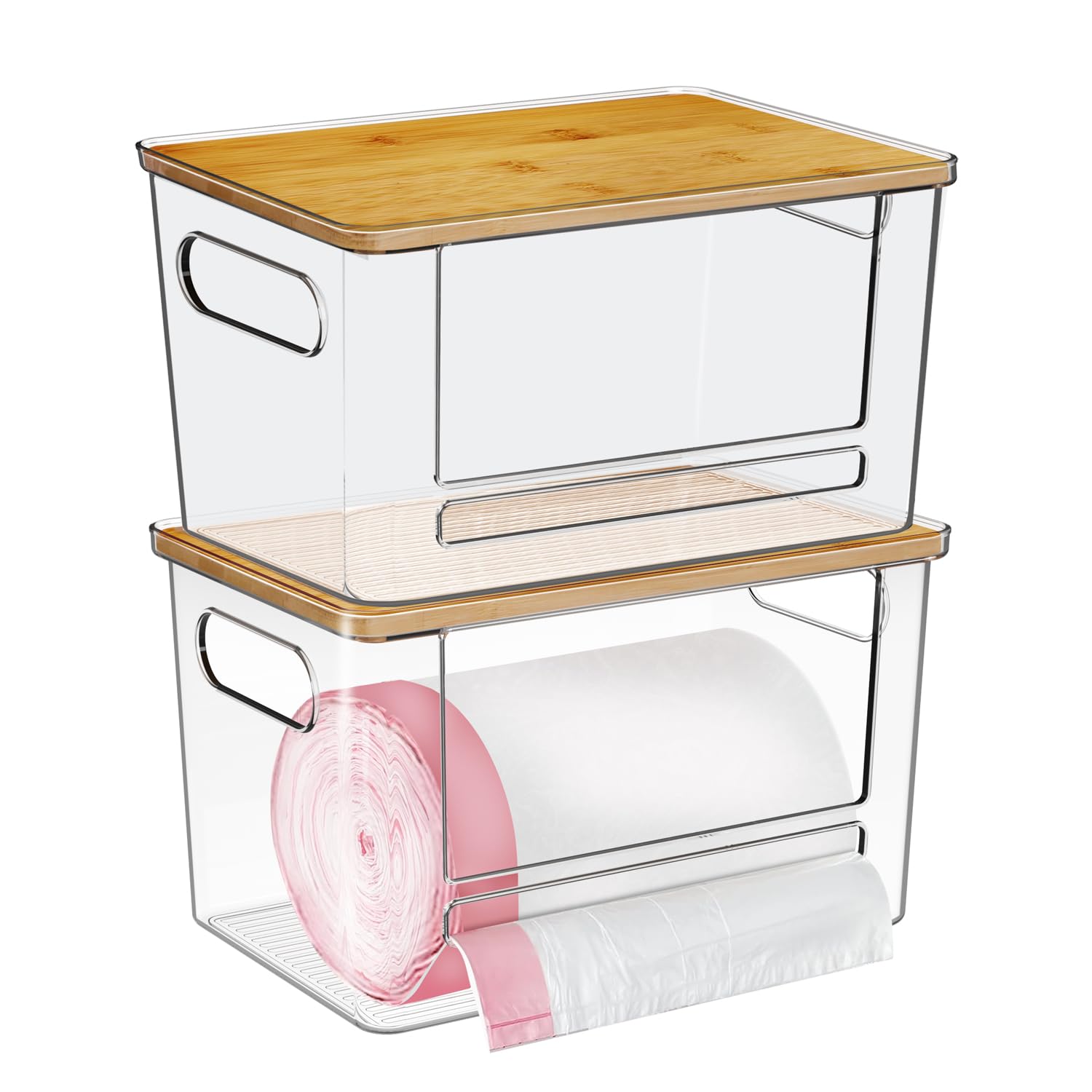Ginnerella trash bag dispenser with bamboo top keeps under-sink storage neat and accessible.