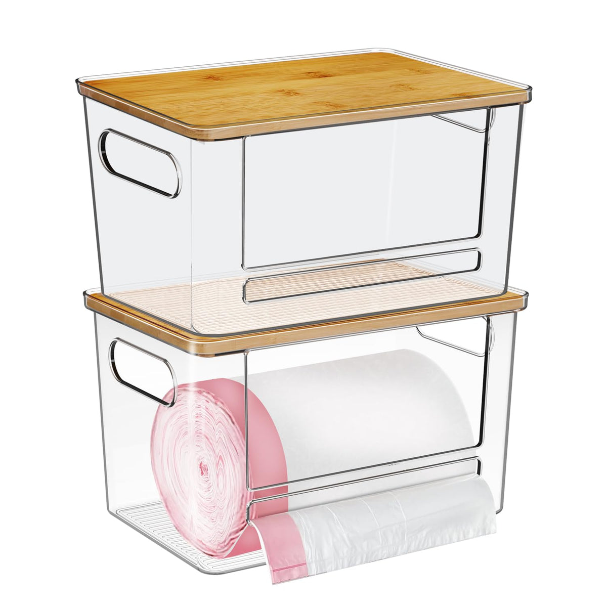 Ginnerella trash bag dispenser with bamboo top keeps under-sink storage neat and accessible.