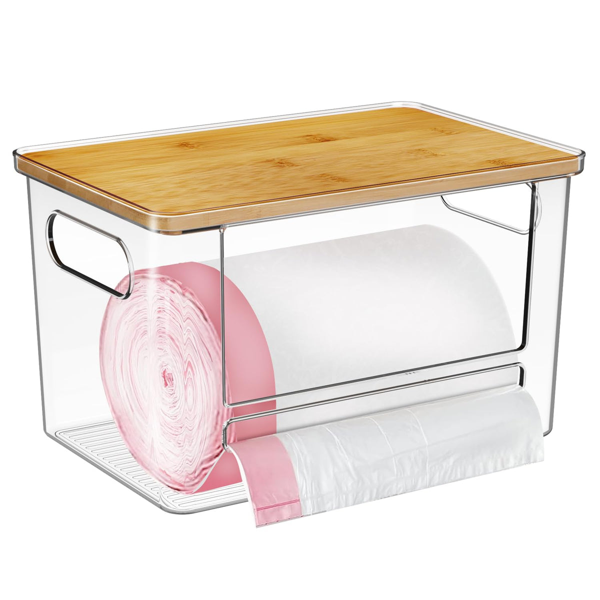 Ginnerella acrylic trash bag holder with bamboo top under-sink for easy access.
