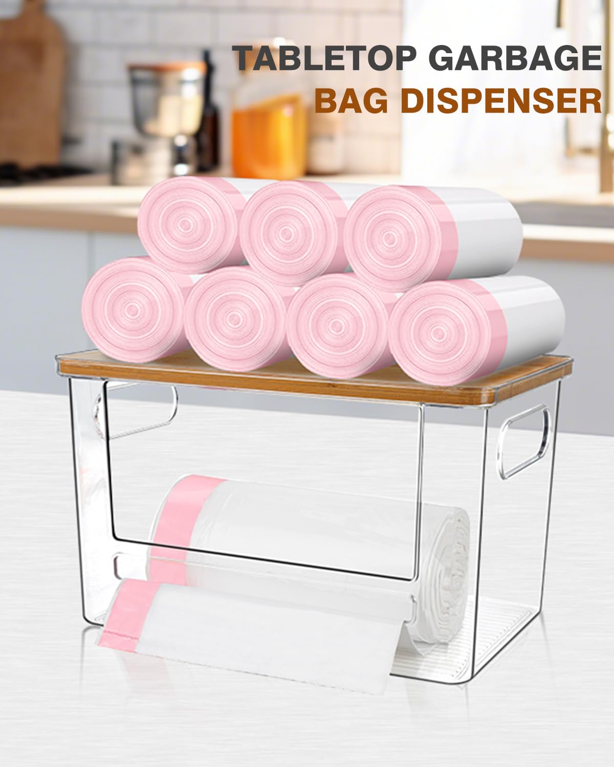 Stackable bamboo-top lid saves space and organizes bags.