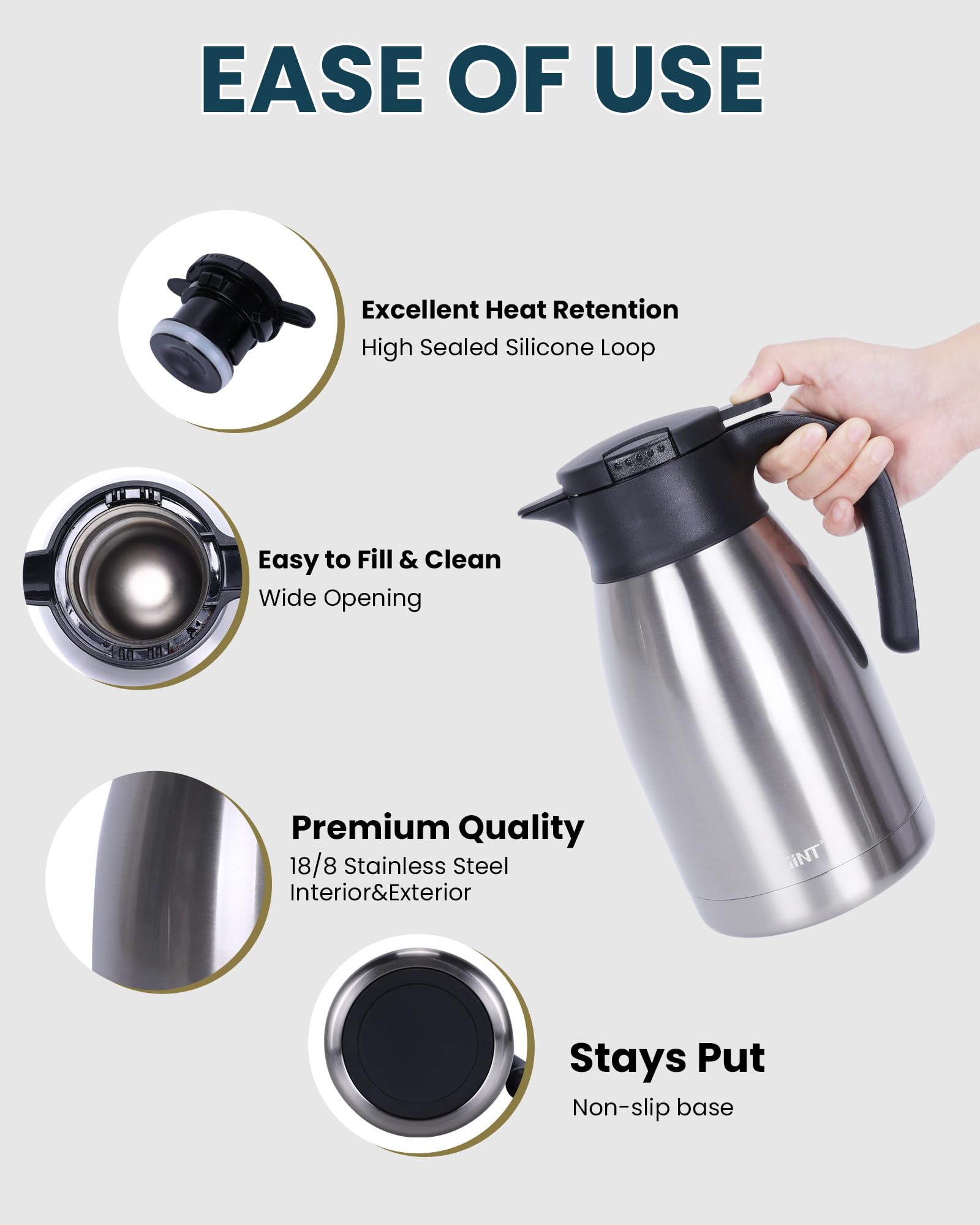 GiNT 51Oz stainless-steel carafe interior and exterior offer durable daily use