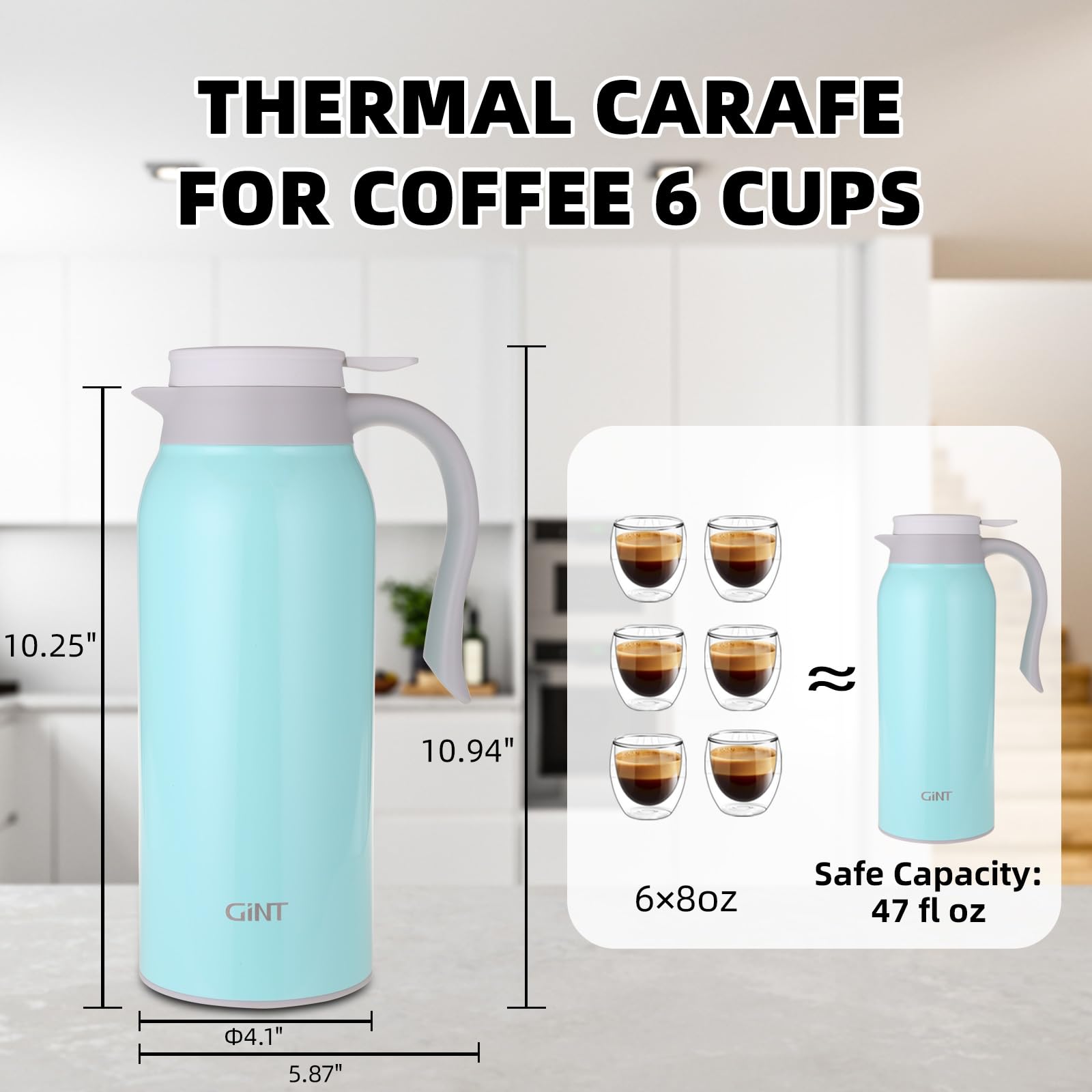 Gint 51oz thermal carafe wide opening for easy cleaning and ice addition.