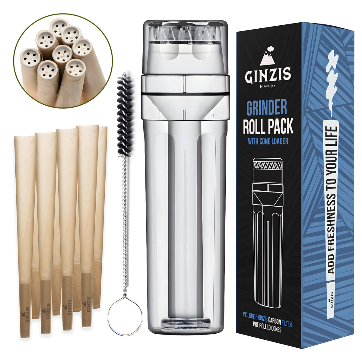 Ginzis cone-loader assembly enables compact, travel-ready herb prep.