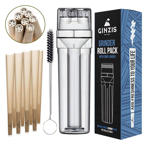 Ginzis cone-loader assembly enables compact, travel-ready herb prep.
