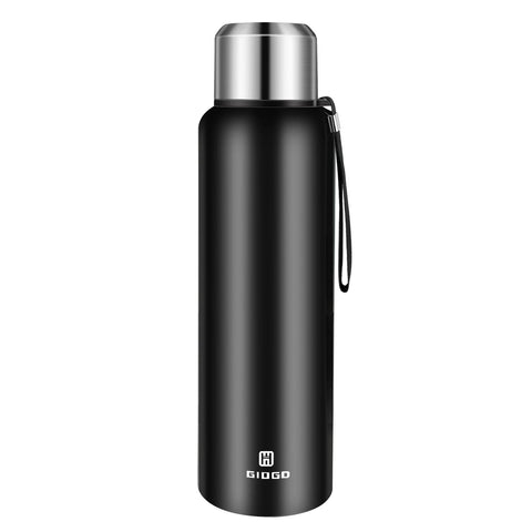 GIOGD insulated thermo bottle 1500ml with cup, close-up showing sleek black finish and durability.