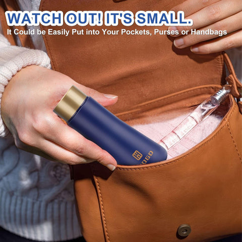 GIOGD small mini bottle blue side angle highlights slim profile for purses and lunch bags