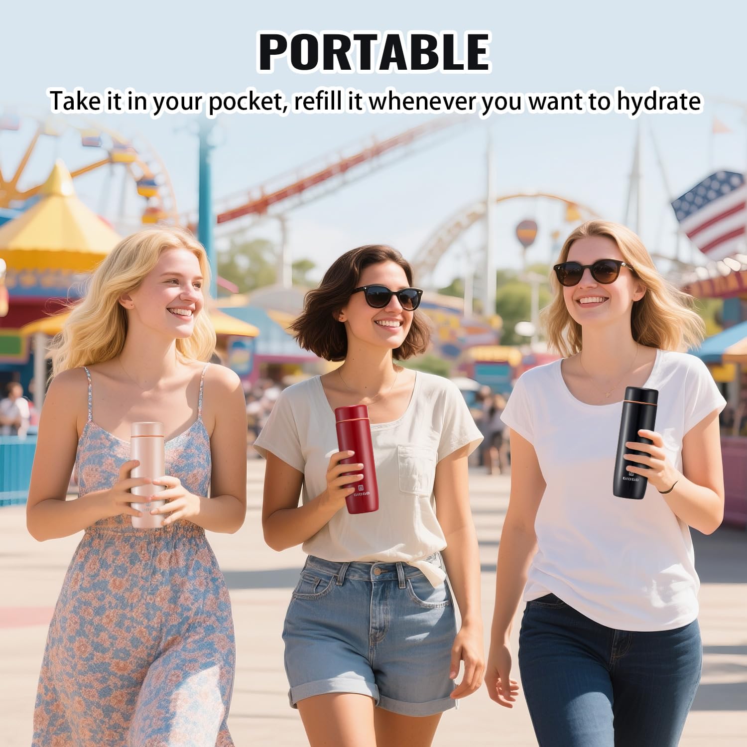 GIOGD double-wall insulation keeps beverages cold up to 12 hours and hot up to 6 hours.