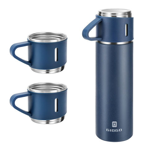 GIOGD blue stainless steel thermo bottle front view keeps drinks hot or cold on the go