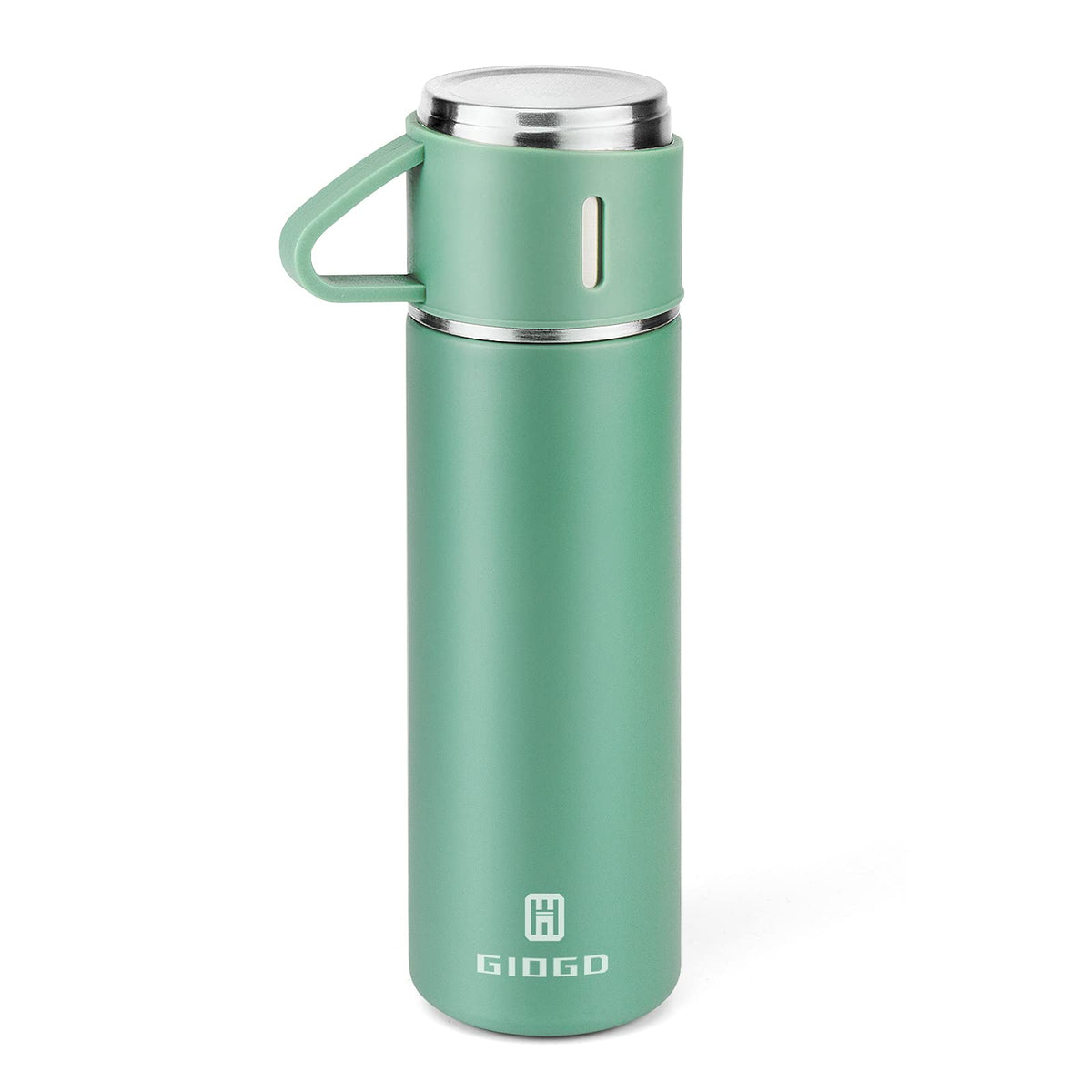 GIOGD stainless steel thermo bottle close-up shows green finish and durable construction for daily hydration.