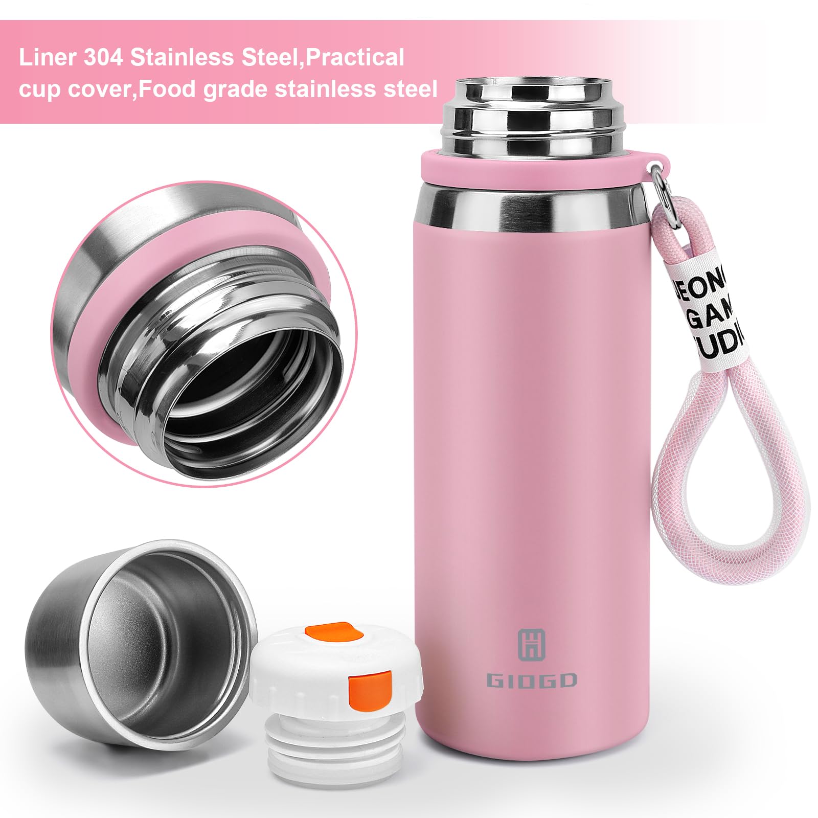 GIOGD pink lid bottle features leak-proof screw top for backpack travel.