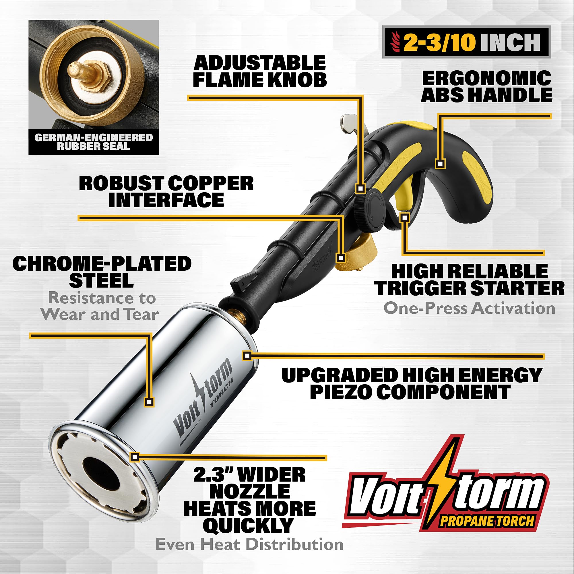 Gioventu cooking torch supports propane, butane, MAPP, MAP-Pro for fueling versatility.