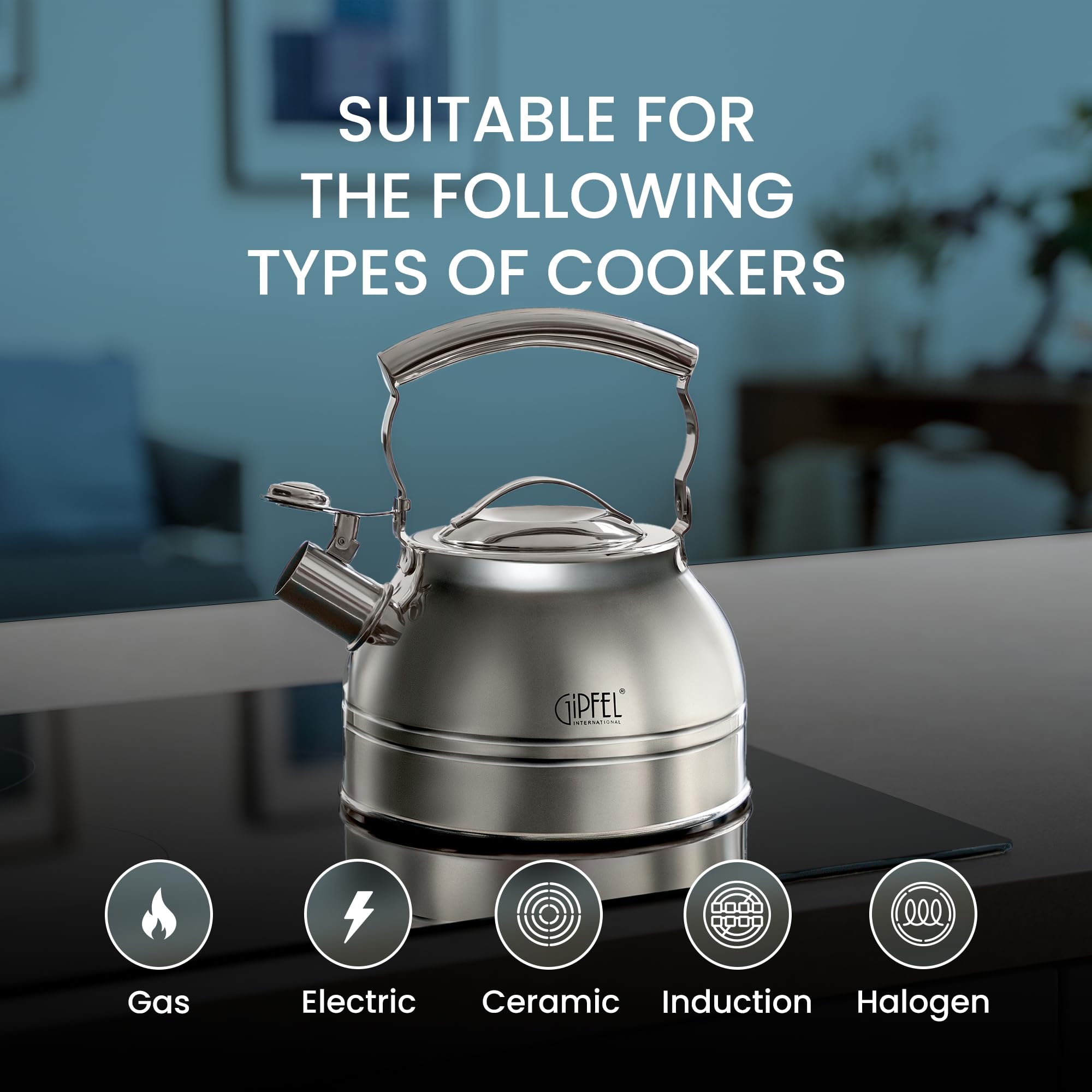 GIPFEL INTERNATIONAL whistling kettle on gas, electric, and induction stoves for quick boiling