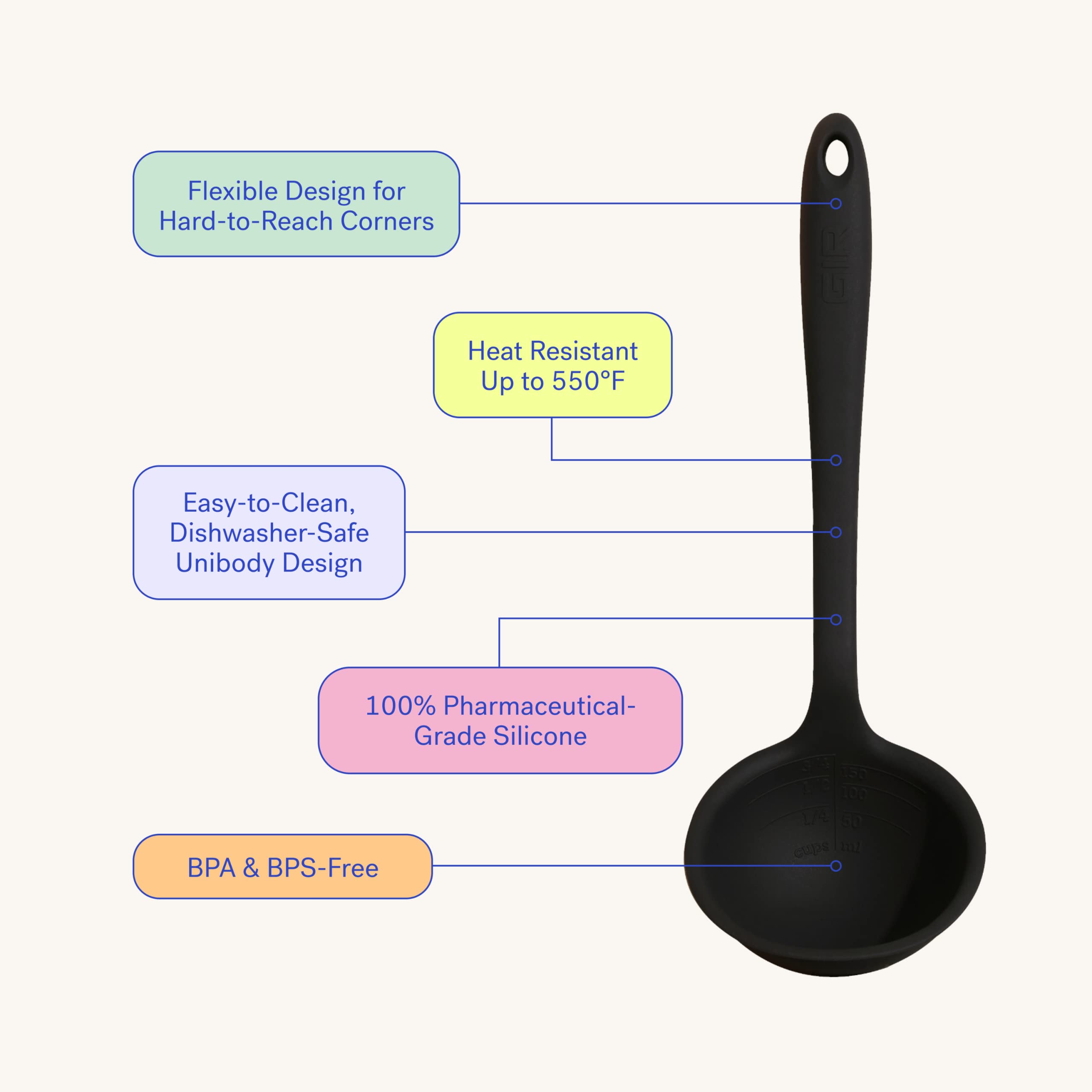 GIR silicone ladle’s flexible bowl reaches deep into pots without scratching non-stick surfaces