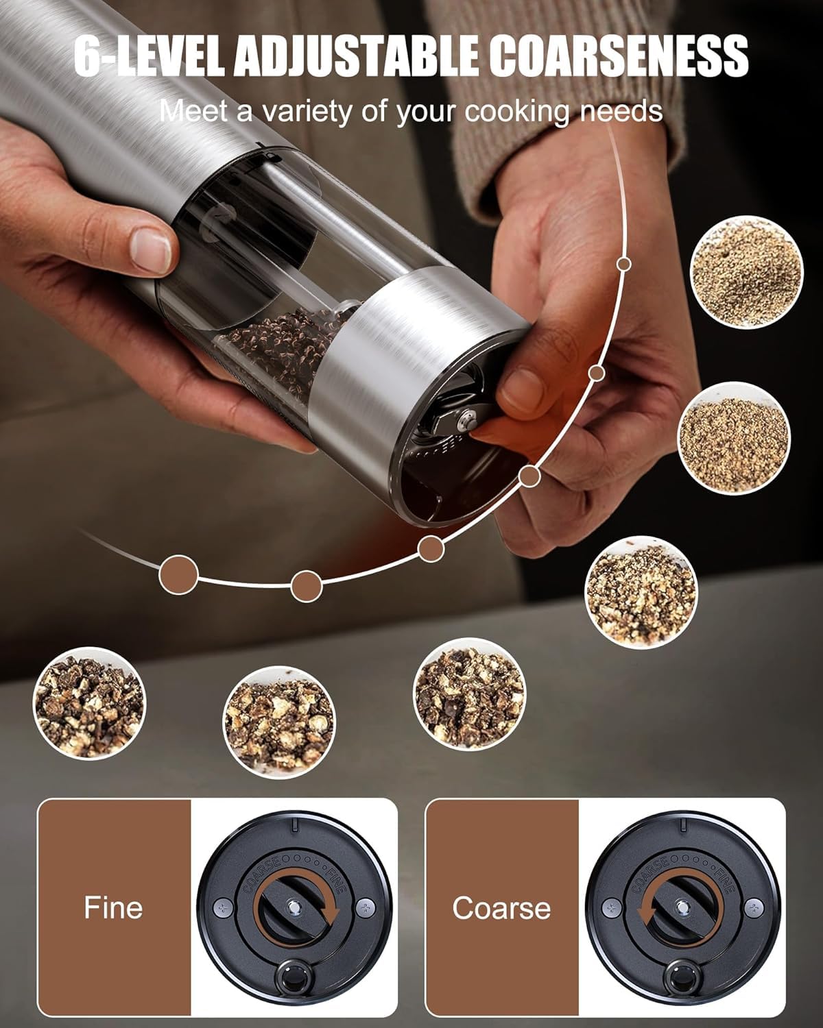 GiveBest grinder displaying 6 coarseness levels for precise grind.