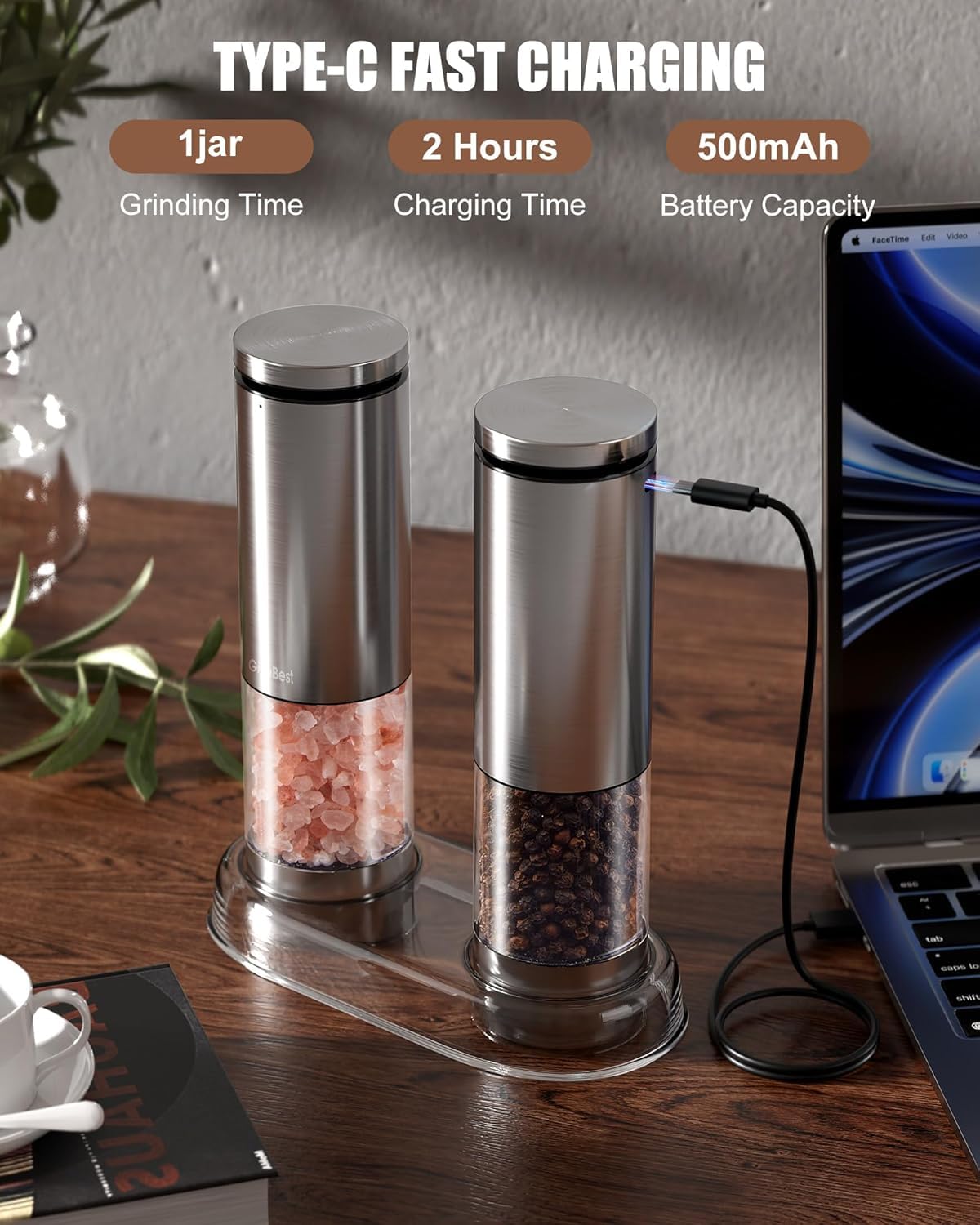 GiveBest electric salt grinder with transparent base to monitor spice levels.