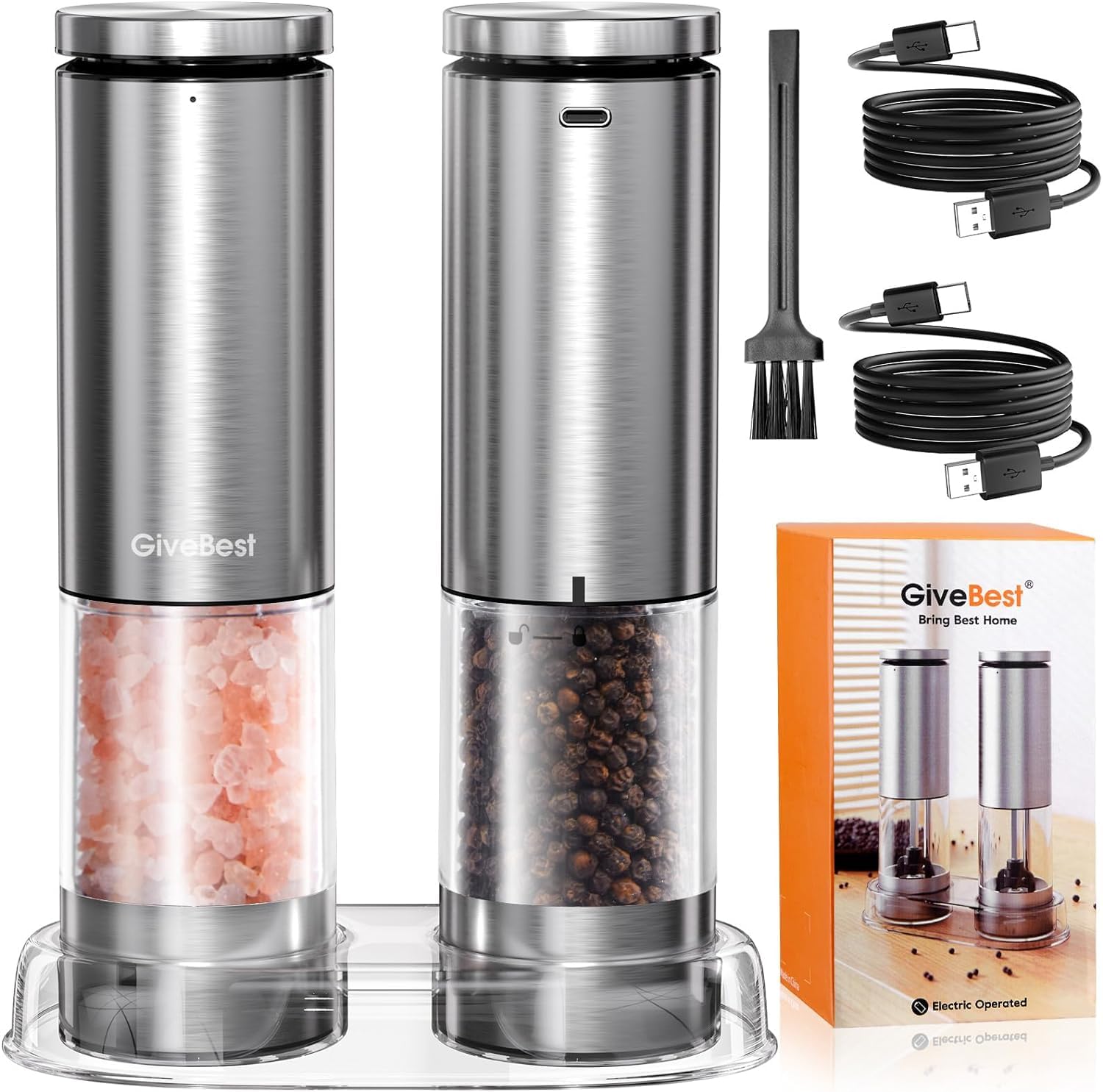 GiveBest electric salt and pepper grinders with a clear 100ml chamber and LED light.