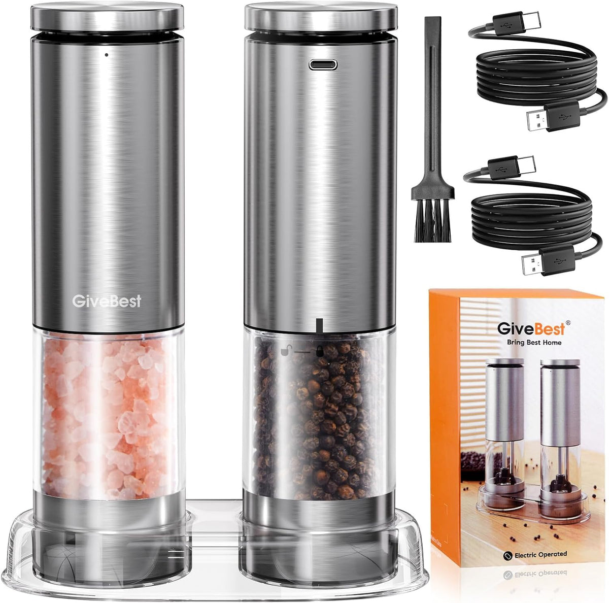 GiveBest electric salt and pepper grinders with a clear 100ml chamber and LED light.