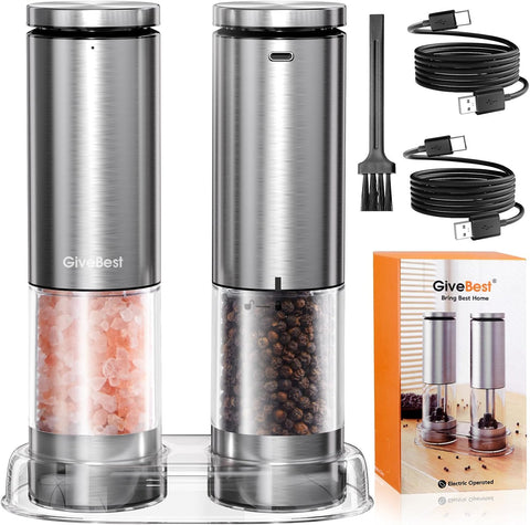GiveBest electric salt and pepper grinders with a clear 100ml chamber and LED light.