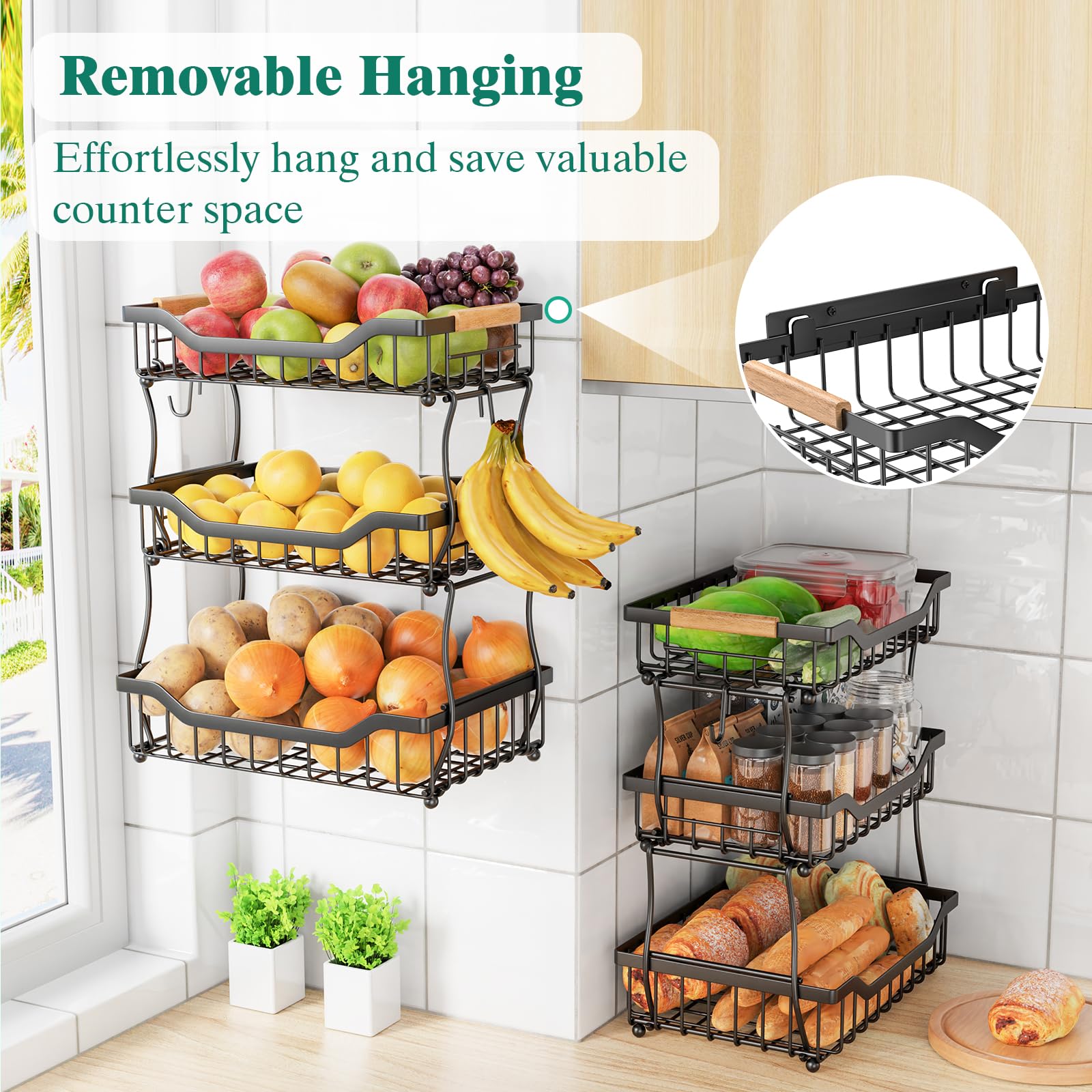 Giwil banana hooks close-up shows extra storage for bananas in busy kitchens.
