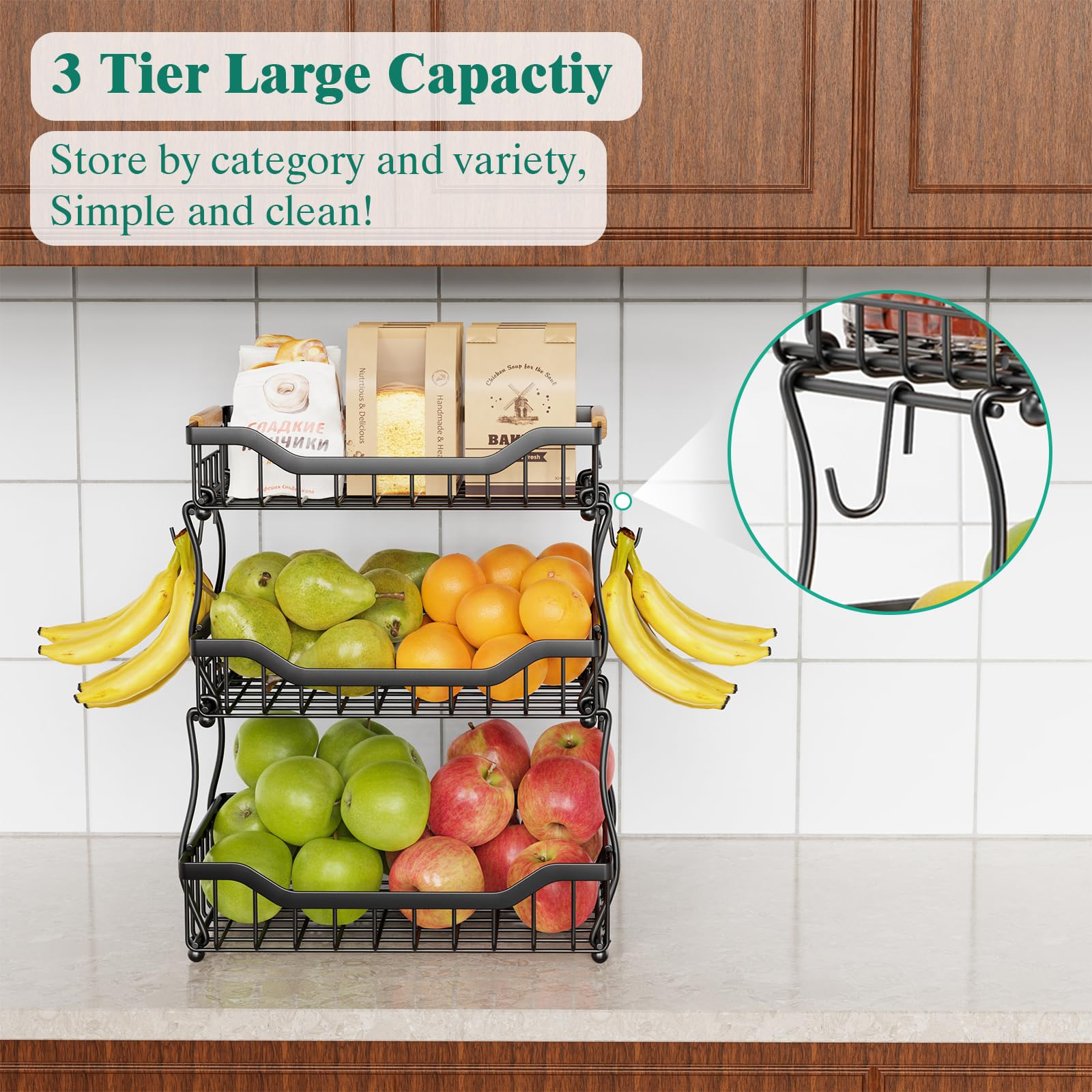 Giwil three-tier fruit basket side view highlights durable powder-coated steel for long-lasting use.