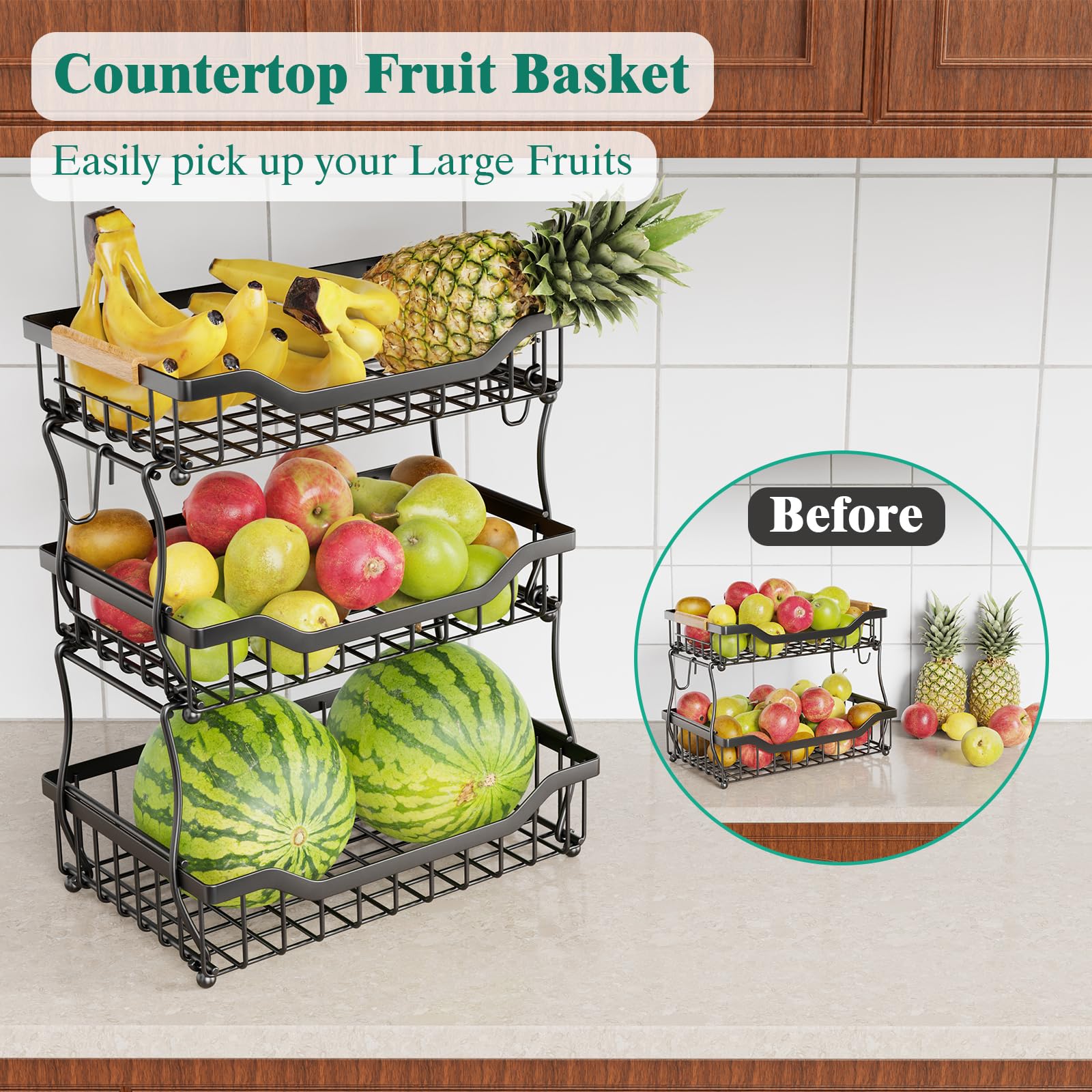 Giwil wall-mounted fruit basket demonstrates space-saving pantry solution for compact kitchens.