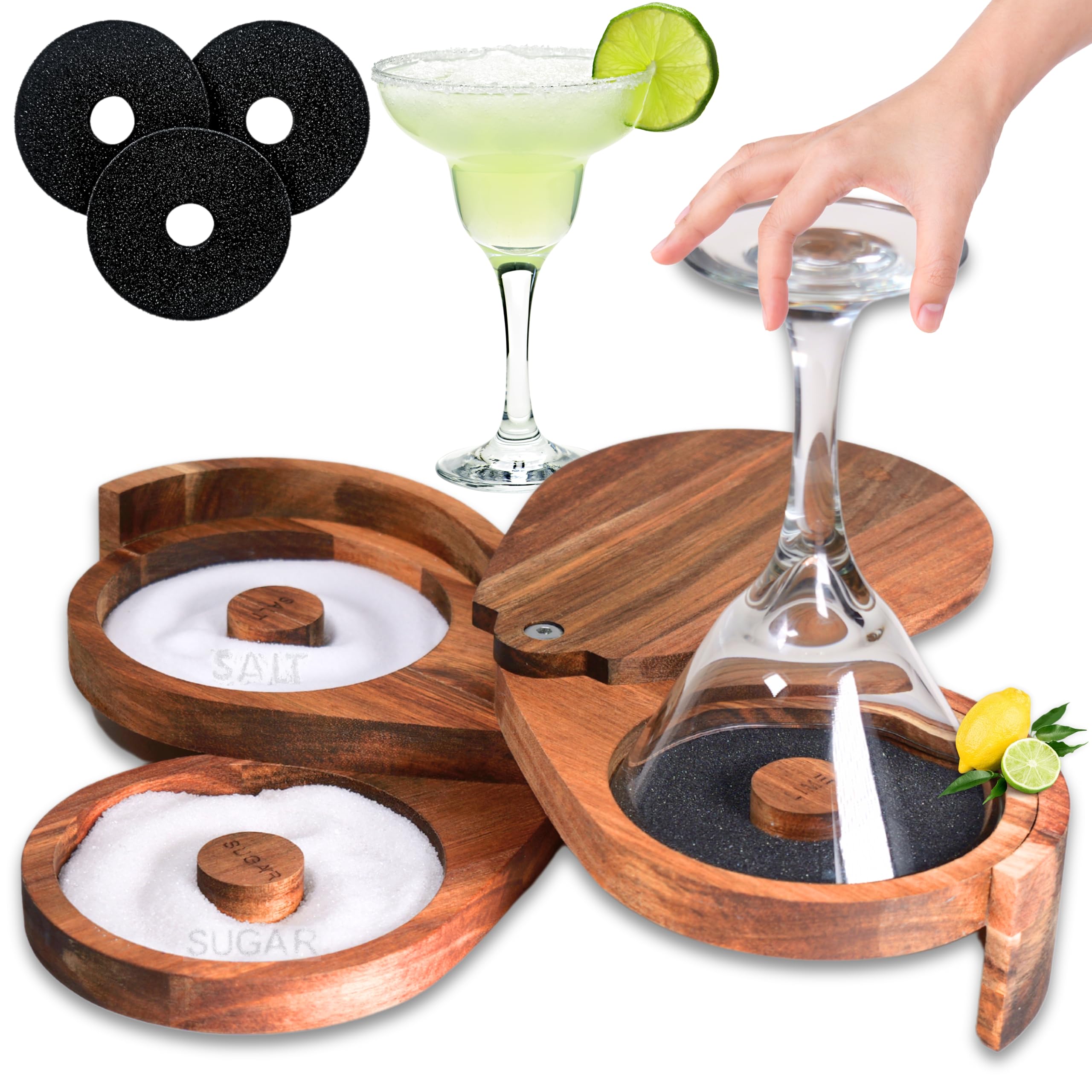 GJ Finest Margarita Salt Rimmer 3-tier acacia wood full view demonstrates style for home bars.