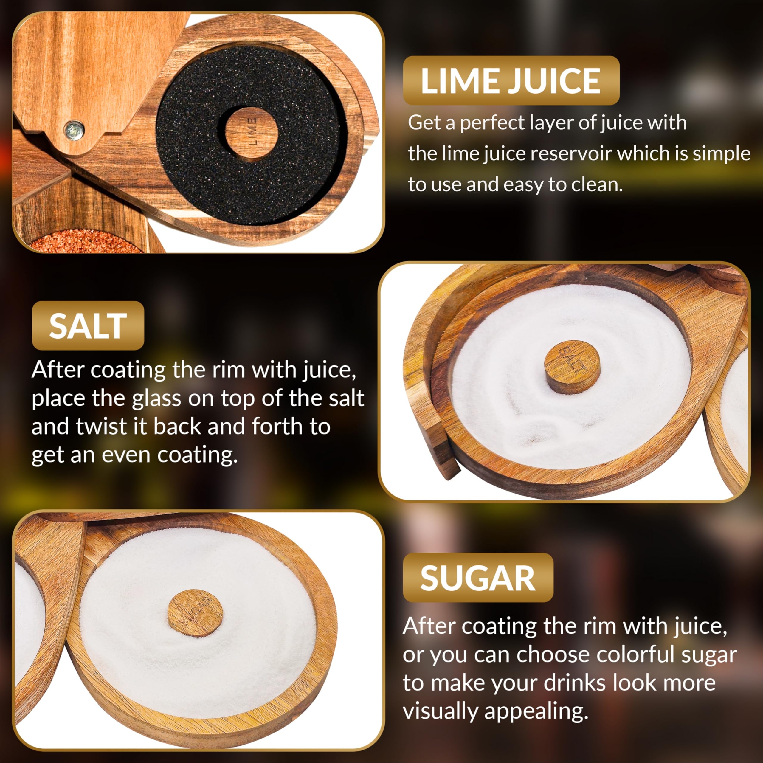 GJ Finest salt sugar lime rimmer on glass illustrates versatile rim options.