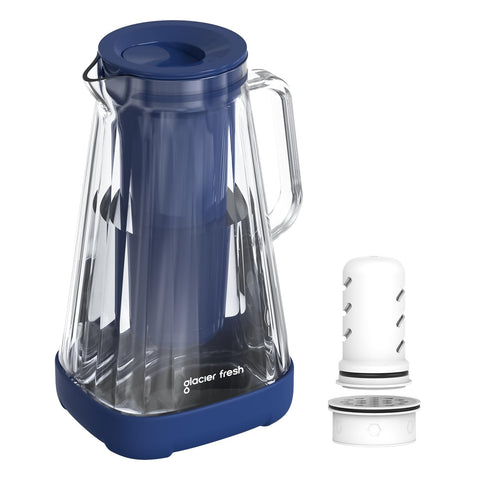 GLACIER FRESH Purela pitcher with blue glass body for clean-taste water at home.