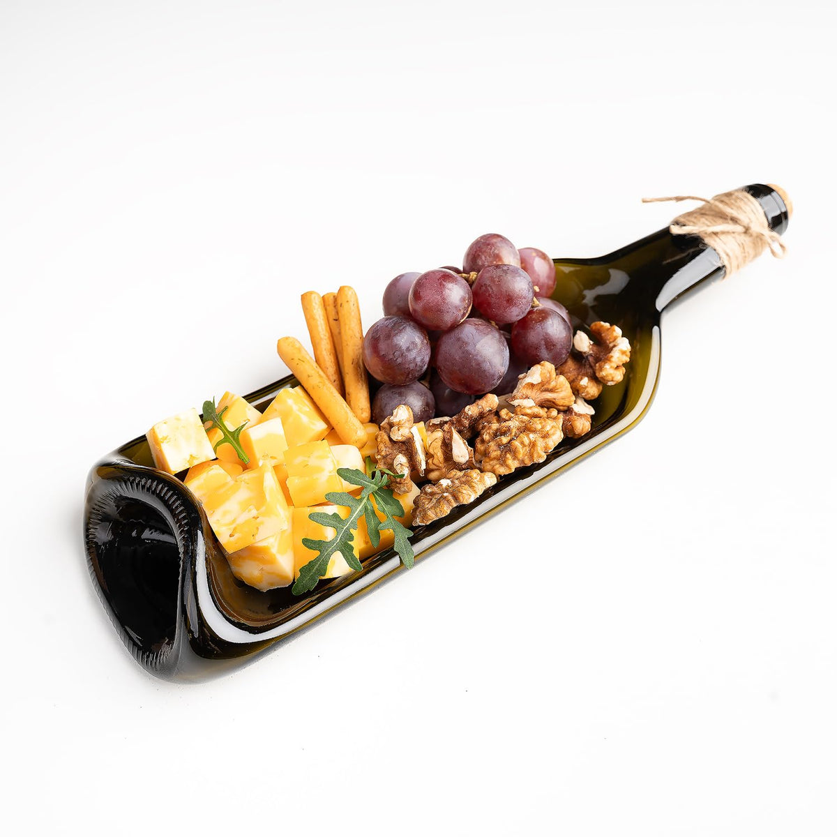 Glasiko World melted wine bottle tray decorative rectangle for serving cheeses and fruits.