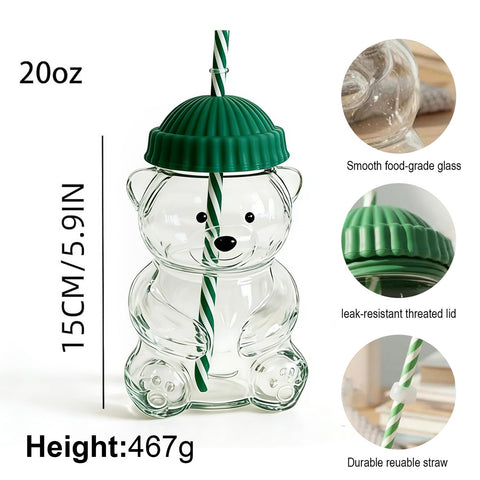 Close-up of Glass Bear Cup showing borosilicate glass and green color.