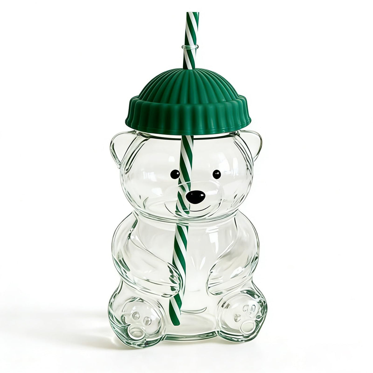 Glass Bear Cup with lid and straw for on-the-go iced beverages.